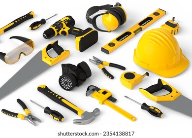 Flying view of yellow construction tools for repair and installation on white background. 3d render and illustration of service banner for house plumber or repairman - Powered by Shutterstock