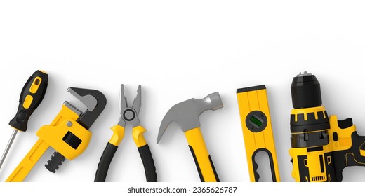 Flying view of yellow construction tools for repair and installation on white background. 3d render and illustration of service banner for house plumber or repairman