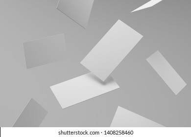 Flying White Business Cards. Layout For Advertising Business. Mock Up. 3d Rendering