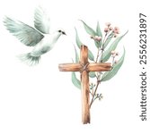 Flying white dove with wooden rustic cross on background of Eucalyptus plant green branches and small pink flowers twig. Pigeon bird. Watercolor hand drawn illustration. Religious isolated clip art