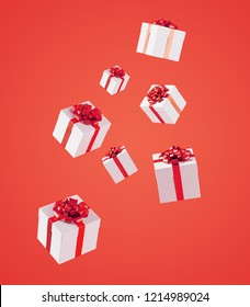 Flying A Lot Of White Gift Boxes On A Red Background. 3d Rendering