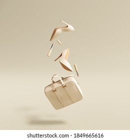 Flying woman's accessories bag, high heels, lipsticks on cream color background. 3d rendering - Powered by Shutterstock