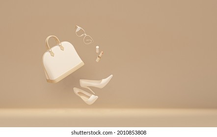 Flying Woman's Accessories Bag, High Heels,sunglass And Lipsticks With Neutral Beige Colors Background . 3d Rendering, Concept For Shopping And Lady 
