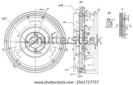 
Flywheel assembly drawing.
Engineering mechanical industrial cad scheme on white paper sheet. 
Technology design of machine building industry. Machined template.