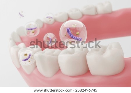 Foam bubbles trap bacteria, cleansing teeth for protection and fresh breath. 3D rendering.