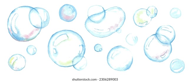 Foam party, dancing in bubbles concept.
The image of soap bubbles of small and large sizes with iridescent tints. Hand drawn watercolor illustration on stretched horizontal white background
