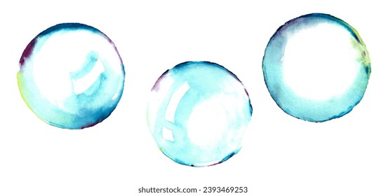 Foam party, dancing in bubbles.
An image of three large soap bubbles with multi-colored tints. Hand drawn watercolor painting on a stretched horizontal white background for your design