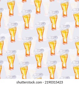 Foamy beer in glass watercolor seamless pattern. Template for decorating designs and illustrations. - Powered by Shutterstock