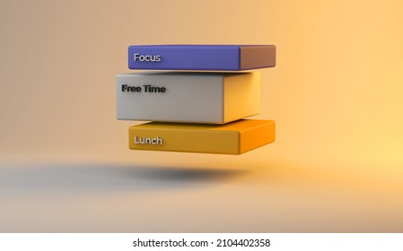 Focus And Free Time 3d Render Illustration Of App Calendar Planner Concept Template UI UX, Schedule Daily Calendar Agenda Annual Planning Meeting Application  Events Appointment