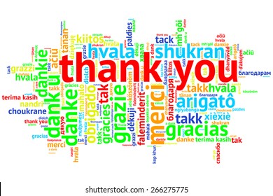 Word cloud in open form on white Background. saying thanks in multiple lang...
