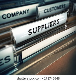 Focus On A Folder Tab Where It Is Written The Word Suppliers, 3D Render, Blur Effect.