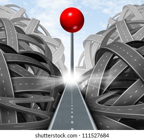 Focus On The Goal As A Business Symbol Of A Successful Journey On A Strategic Path And Clear Financial Planning On The Destination As A Red Push Pin On A Straight Road Away From Confusion And Chaos.