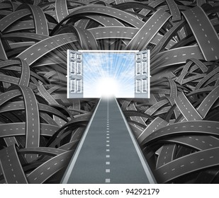 Focus On Success And Financial Freedom With Business Obstacles In The Way And An Unstoppable Determined Straight Road Leading To Open Doors And Blue Sky And Sun Escaping The Negative Chaos.