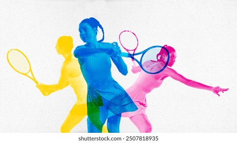 Focused and determined athlete, young woman, tennis player in motion with racket during game, showing motivation to win. Contemporary art collage. Concept of sport, active and healthy lifestyle - Powered by Shutterstock