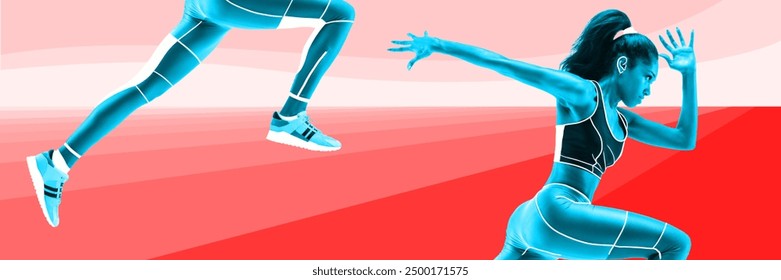 Focused and determined athlete, young women in motion,r runner competing for the victory again abstract red background. Contemporary art collage. Concept of sport, competition, games, tournament - Powered by Shutterstock