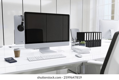 Focused office desk setup with computer and organized supplies, 3D render illustration. 3D Illustration