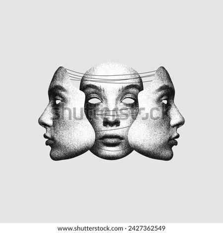 Focusing on identity and self-perception. Conceptual modern design. Three faces like masks symbolizing diversity of personality. Concept of mental health, depression and sadness, therapy, emotions