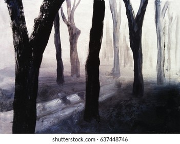 Fog in the forest, hand drawing illustration