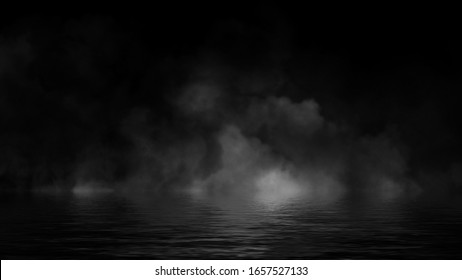 Fog And Mist Effect On Black Background. Smoke Texture Overlays. Stock Illustration. Reflection On Water.