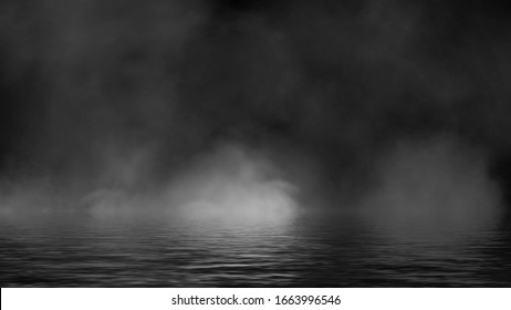 Fog And Mist Effect On Black Background. Smoke Texture Overlays. Stock Illustration. Reflection On Water.