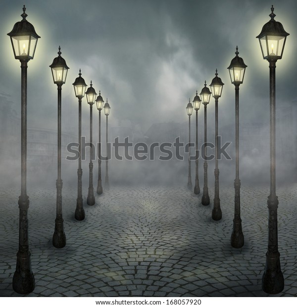 公園内の霧と街灯 のイラスト素材