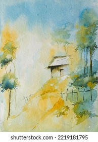 Fog Water Color Painting Of A House Surrounded By Trees. Handamade Watercolor Landscape. Vertical.