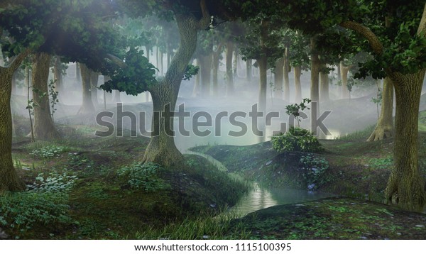 池を持つ霧の多い幻想的な森 3d風景イラスト のイラスト素材