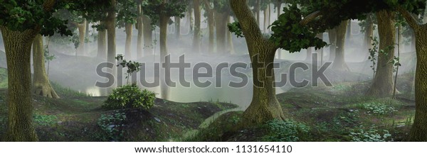 池を持つ霧の多い幻想的な森 3d風景イラストバナー のイラスト素材