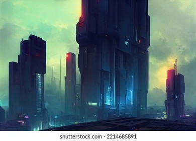 Foggy Industrial Illustration At A Hightech Future City Art