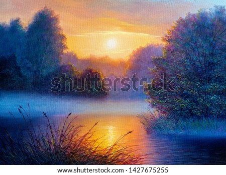 Foggy morning on a river. Oil painting landscape.