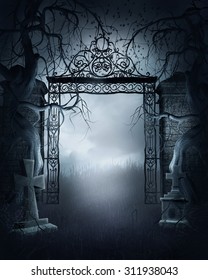 Foggy Night Scene With A Cemetery Gate, Crosses And Dark Trees