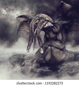 Foggy scenery with the winged monster Cthulhu sitting on a rock by the sea. 3D illustration.
