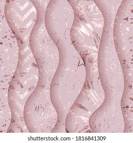 Foil geometric seamless pattern. Rose gold. Pink texture. Roses golden glitter marble with cutout effect. 3d abstract delicate cut paper background. Design prints. Beauty twinkle tracery. Illustration