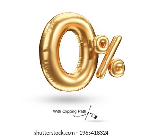 Foil gold balloon zero percent or 0 % special Offer. Isolated over white background. 3D rendering. 3D illustration. With Clipping Path