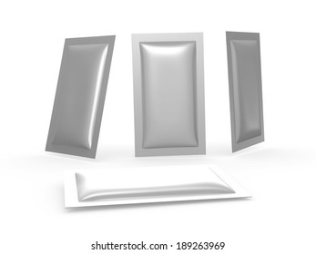 Foil  Heat Sealed Packet With Clipping Path. Packaging Or Wrapper For Sweet, Snack, Coffee, Salt, Sugar, Medicine Drug, Cooling Gel Patch, Condom, Seed,paper Wipe,ready For Your Design Or Artwork