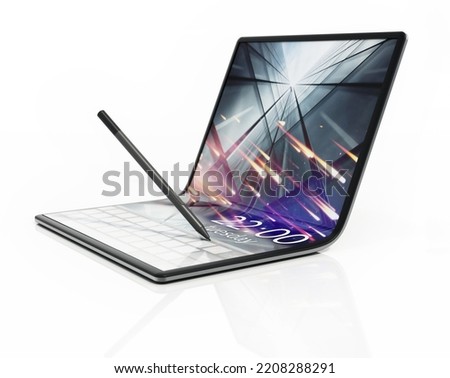 Foldable tablet computer and pen isolated on white background. 3D illustration.