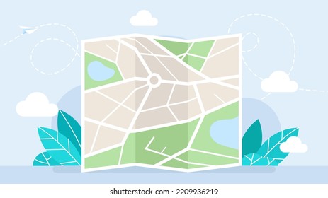 Folded Map. City Map Navigation. GPS Navigator. Top View, View From Above. Abstract Background. Banner For Website, Web Page, Flyers. Navigation. Cute Simple Design. Flat Style. Illustration