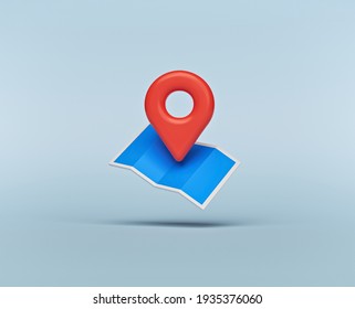 Folded Map And Location Pin Isolated. Minimal Navigation Icon. 3d Rendering