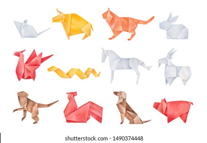 Folded origami pack of twelve traditional Chinese Zodiac Animals. Red, yellow, brown, orange, light gray colors. Hand drawn watercolour graphic drawing, cutout clip art elements for creative design. - Powered by Shutterstock