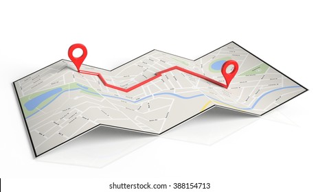 Folded Paper Map With Two Red Pointers Set On Route, Isolated On White Background.