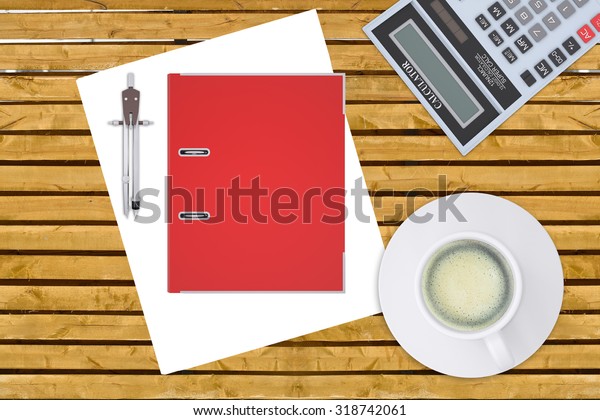 Folder with\
calculator and divider on wodden\
table
