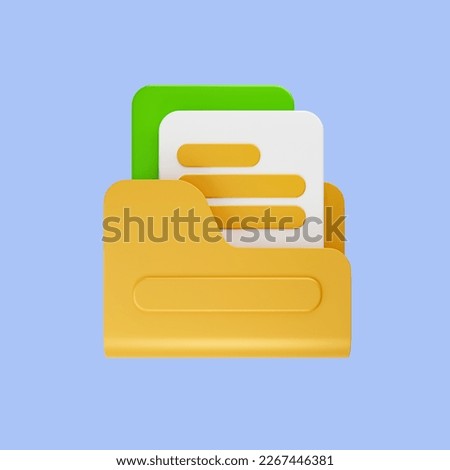 folder and documents  on blue background, documents icon, green and yellow colors. 3d rendering for business