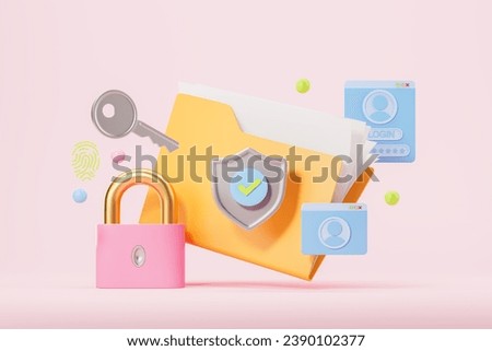 Folder with documents under protection, shield lock with tick. Padlock and web page with login and password. Concept of personal account, data protection and safety. 3D rendering illustration
