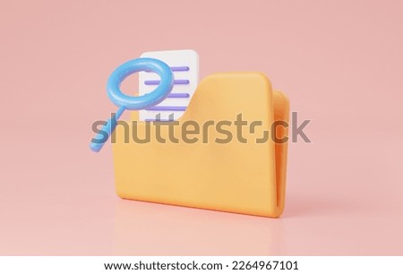 Folder files document with magnifying on pink background. document search, searching info, Data analytics, documents scanning, search file storage database via magnifier. 3D rendering illustration