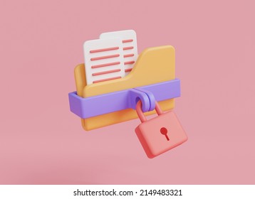 Folder icon with lock isolated on pink background. Modern private folder, safe confidential information, data storage, computer folder. Data security concept. 3D rendering illustration, minimal style