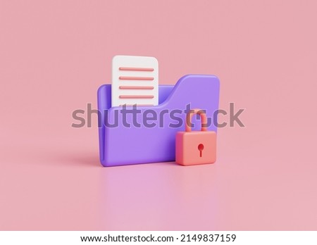 Folder icon with lock and paper document isolated on pink background.Modern private folder,safe confidential information,data storage,computer folder.Data security concept.3D rendering illustration