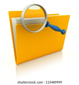 Folder with paper and magnifying glass. 3d render illustration