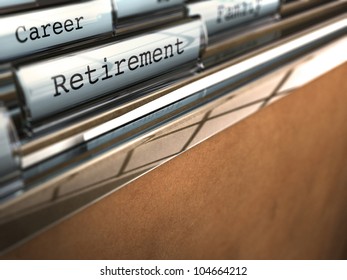 folder with retirement word and at the background another one where it's written career, blur effect brown paper, room for text