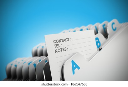 Folder tab organized alphabetically with focus on a contact note, blue background. Conceptual business image for illustration of customer file, client data management or address list. - Powered by Shutterstock - Get 15% off with code: PIKWIZARD15