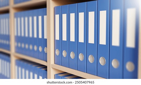 Folders with documents. Shelves for papers inside archive. Sorted documents in blue folders. Place to store legal contracts. Folders for saving financial reports. Archive of documents. 3d image